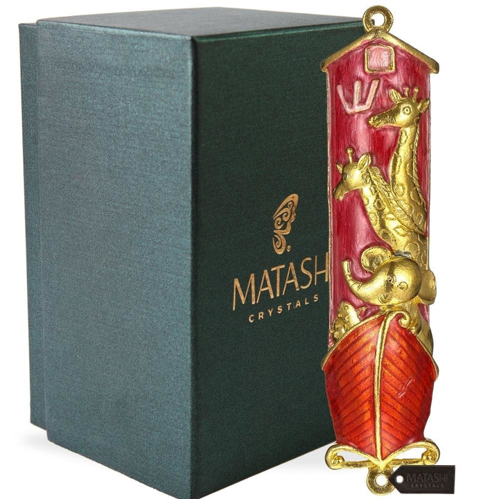 Hand Painted Red Enamel Noahs Ark Mezuzah with Gold Accents and fine Crystals by Matashi Image 1