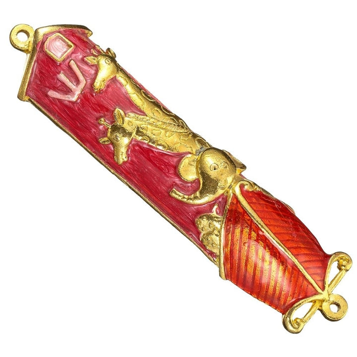 Hand Painted Red Enamel Noahs Ark Mezuzah with Gold Accents and fine Crystals by Matashi Image 3