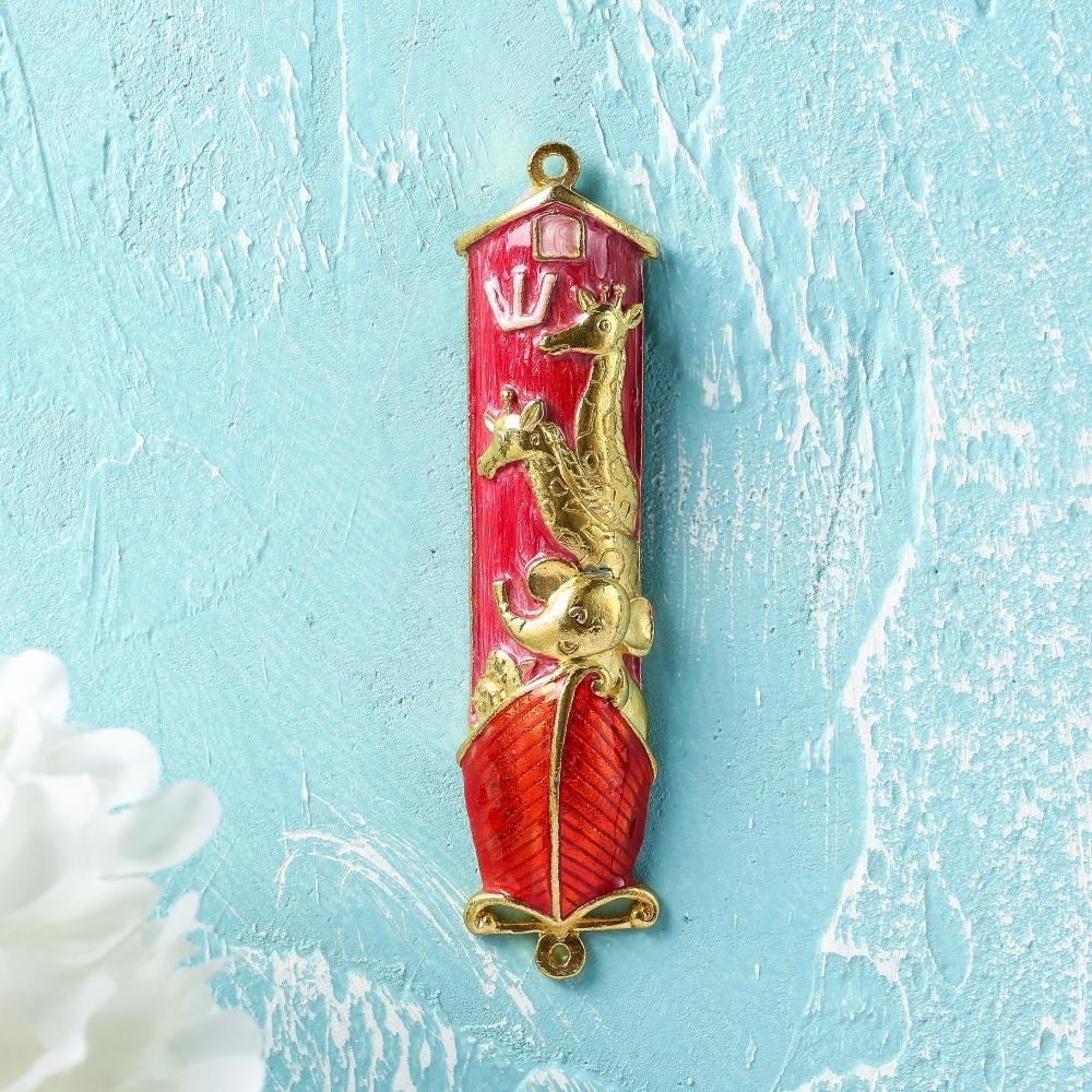 Hand Painted Red Enamel Noahs Ark Mezuzah with Gold Accents and fine Crystals by Matashi Image 4