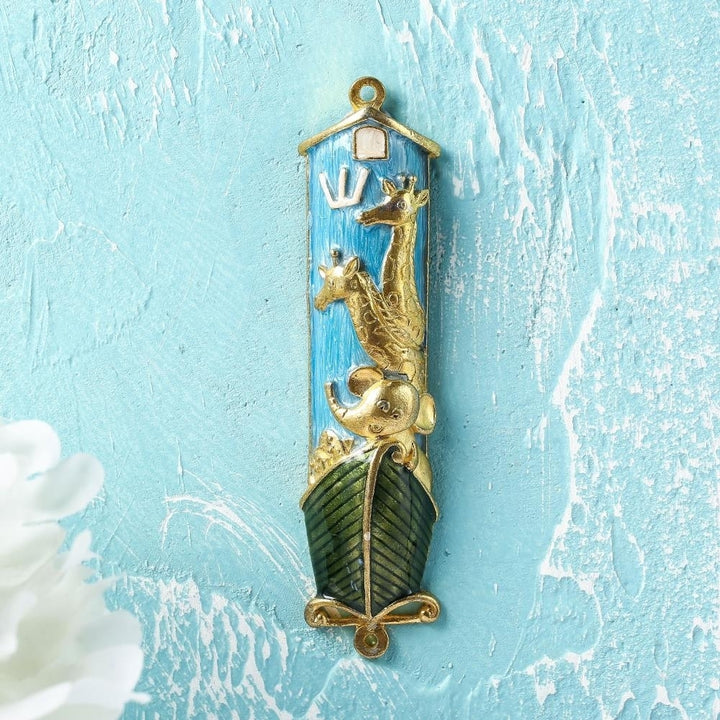 Hand Painted Blue Enamel Noahs Ark Mezuzah with Gold Accents and fine Crystals by Matashi Image 4