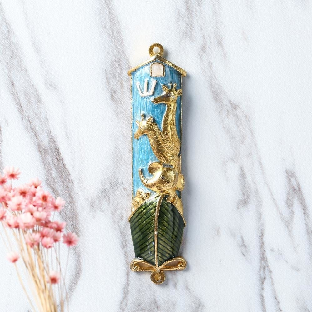 Hand Painted Blue Enamel Noahs Ark Mezuzah with Gold Accents and fine Crystals by Matashi Image 5