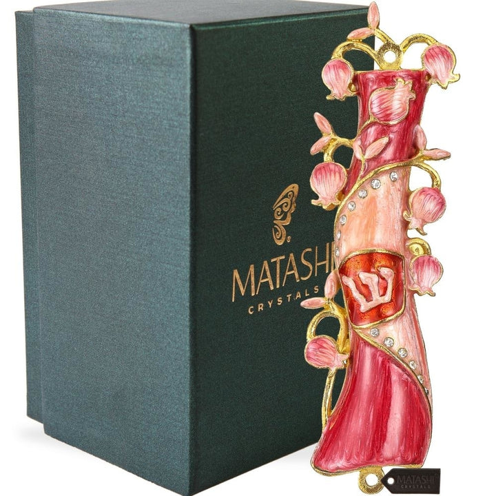 Hand Painted Red and Pink Enamel Mezuzah Embellished with a Pomegranate Floral Design with Gold Accents and fine Image 1