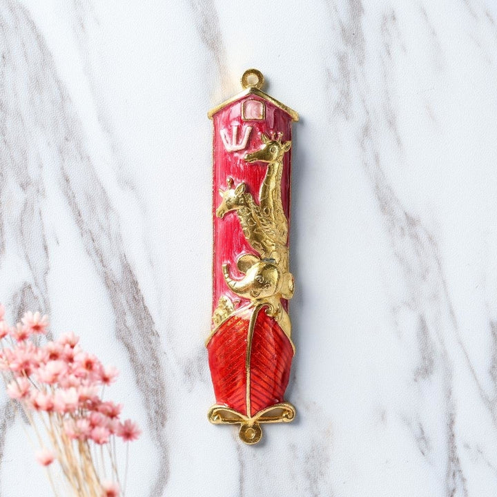 Hand Painted Red Enamel Noahs Ark Mezuzah with Gold Accents and fine Crystals by Matashi Image 5