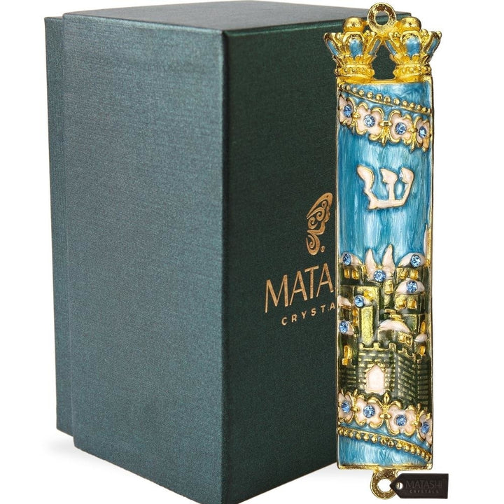 Hand Painted Blue and Green Enamel Mezuzah with Jerusalem City Design with Gold Accents and fine Crystals by Matashi Image 1