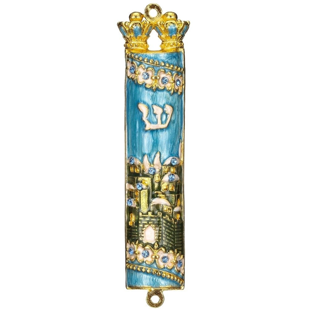 Hand Painted Blue and Green Enamel Mezuzah with Jerusalem City Design with Gold Accents and fine Crystals by Matashi Image 2