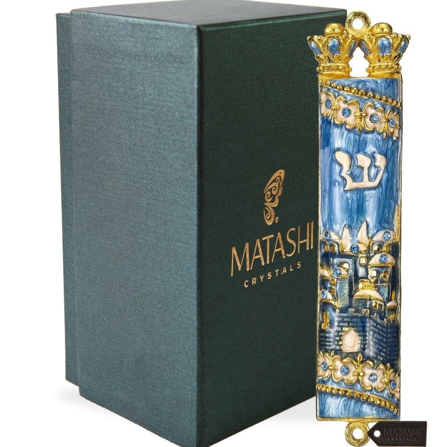 Matashi Hand Painted Blue Enamel Mezuzah with Jerusalem City Design with Gold Accents and fine Crystals Image 1