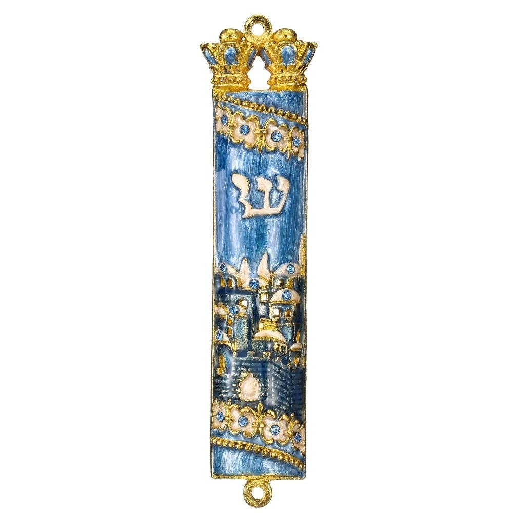 Matashi Hand Painted Blue Enamel Mezuzah with Jerusalem City Design with Gold Accents and fine Crystals Image 2