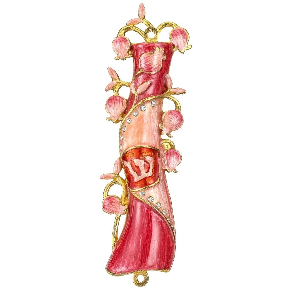 Hand Painted Red and Pink Enamel Mezuzah Embellished with a Pomegranate Floral Design with Gold Accents and fine Image 2