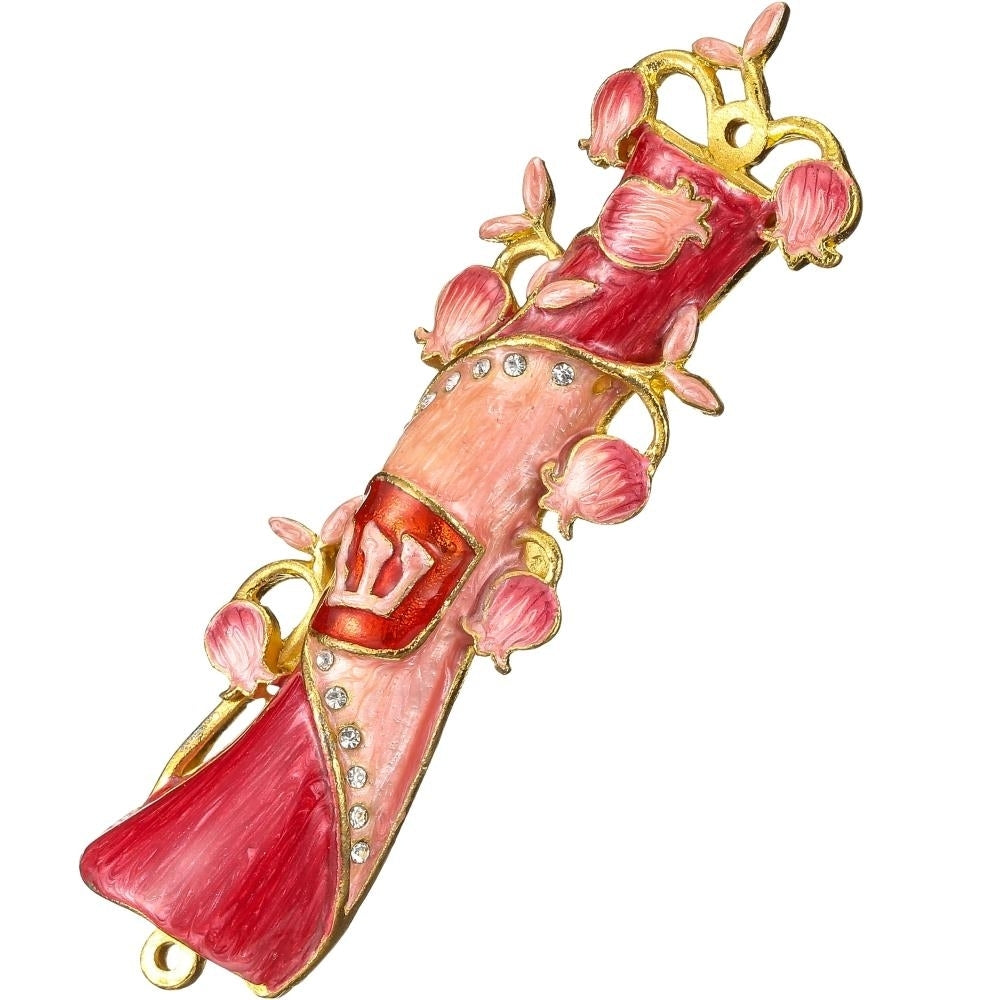 Hand Painted Red and Pink Enamel Mezuzah Embellished with a Pomegranate Floral Design with Gold Accents and fine Image 3