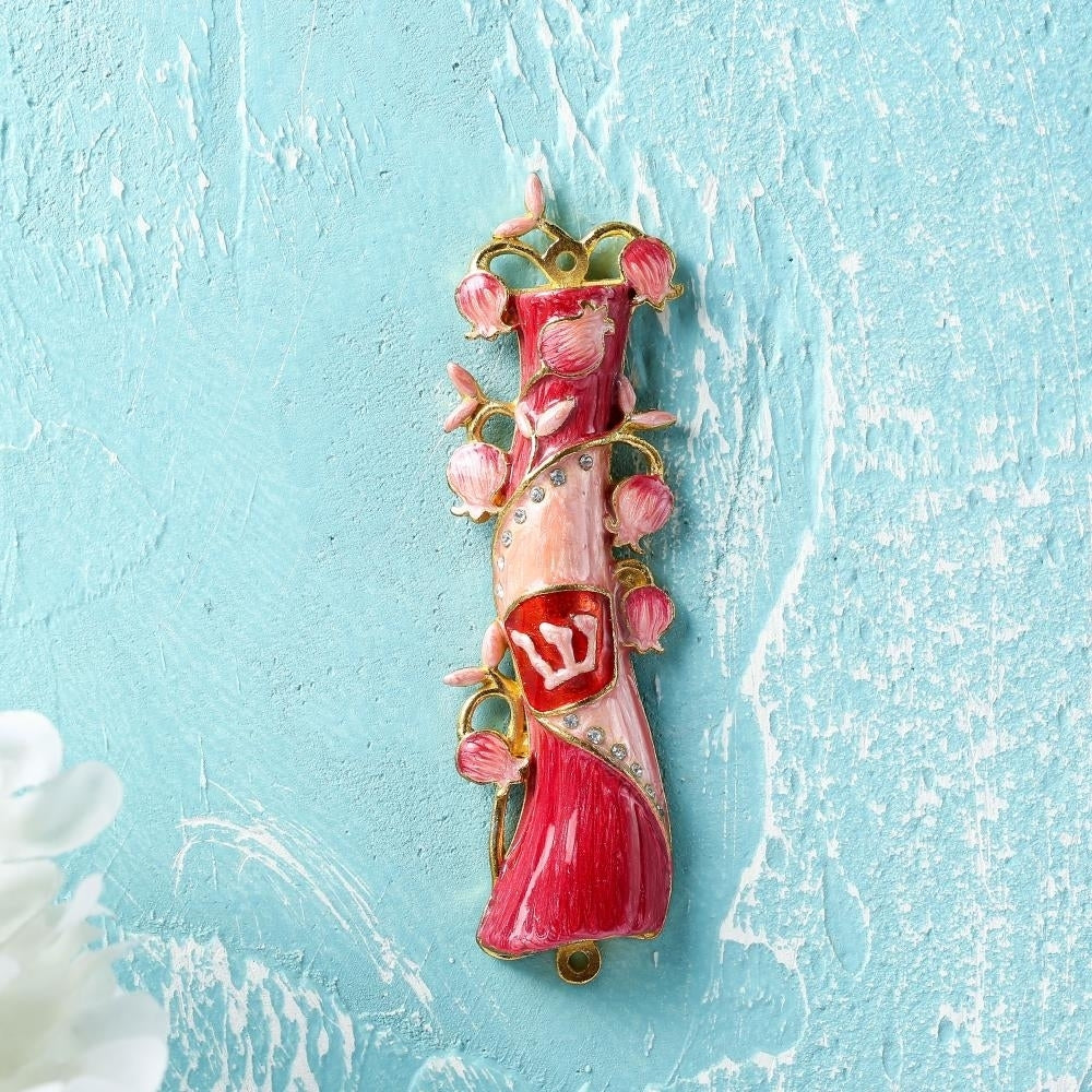 Hand Painted Red and Pink Enamel Mezuzah Embellished with a Pomegranate Floral Design with Gold Accents and fine Image 4