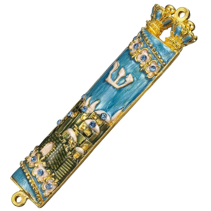 Hand Painted Blue and Green Enamel Mezuzah with Jerusalem City Design with Gold Accents and fine Crystals by Matashi Image 3