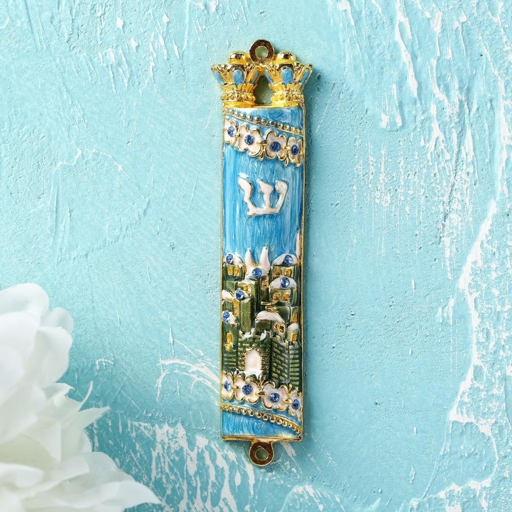 Hand Painted Blue and Green Enamel Mezuzah with Jerusalem City Design with Gold Accents and fine Crystals by Matashi Image 4