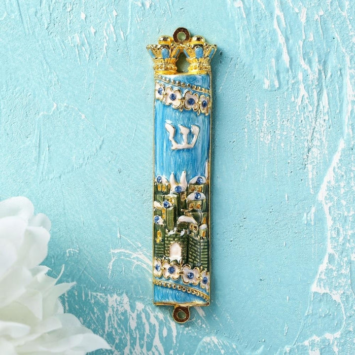 Hand Painted Blue and Green Enamel Mezuzah with Jerusalem City Design with Gold Accents and fine Crystals by Matashi Image 4