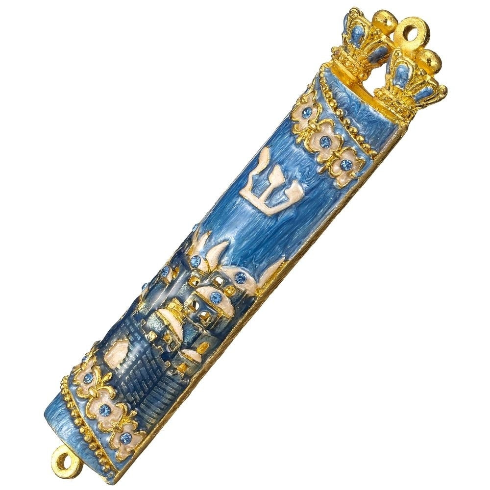 Matashi Hand Painted Blue Enamel Mezuzah with Jerusalem City Design with Gold Accents and fine Crystals Image 3