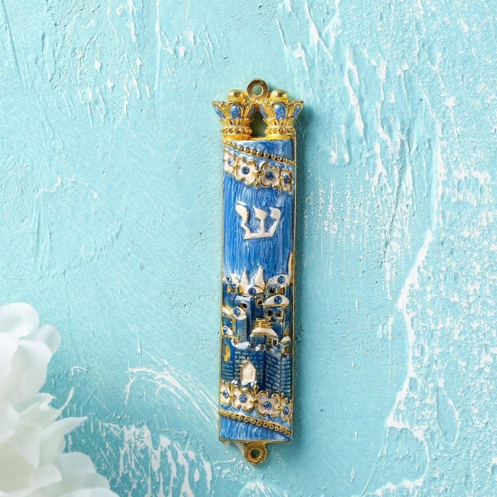 Matashi Hand Painted Blue Enamel Mezuzah with Jerusalem City Design with Gold Accents and fine Crystals Image 4