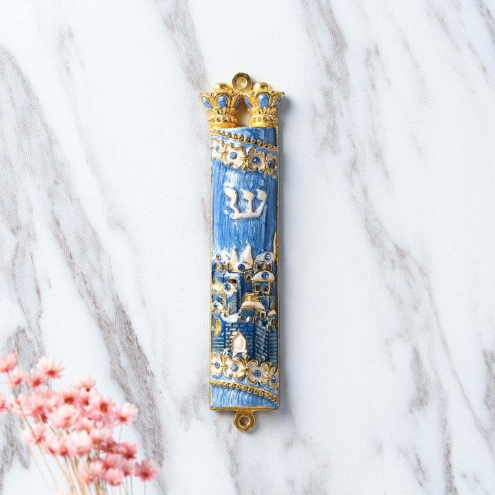 Matashi Hand Painted Blue Enamel Mezuzah with Jerusalem City Design with Gold Accents and fine Crystals Image 5