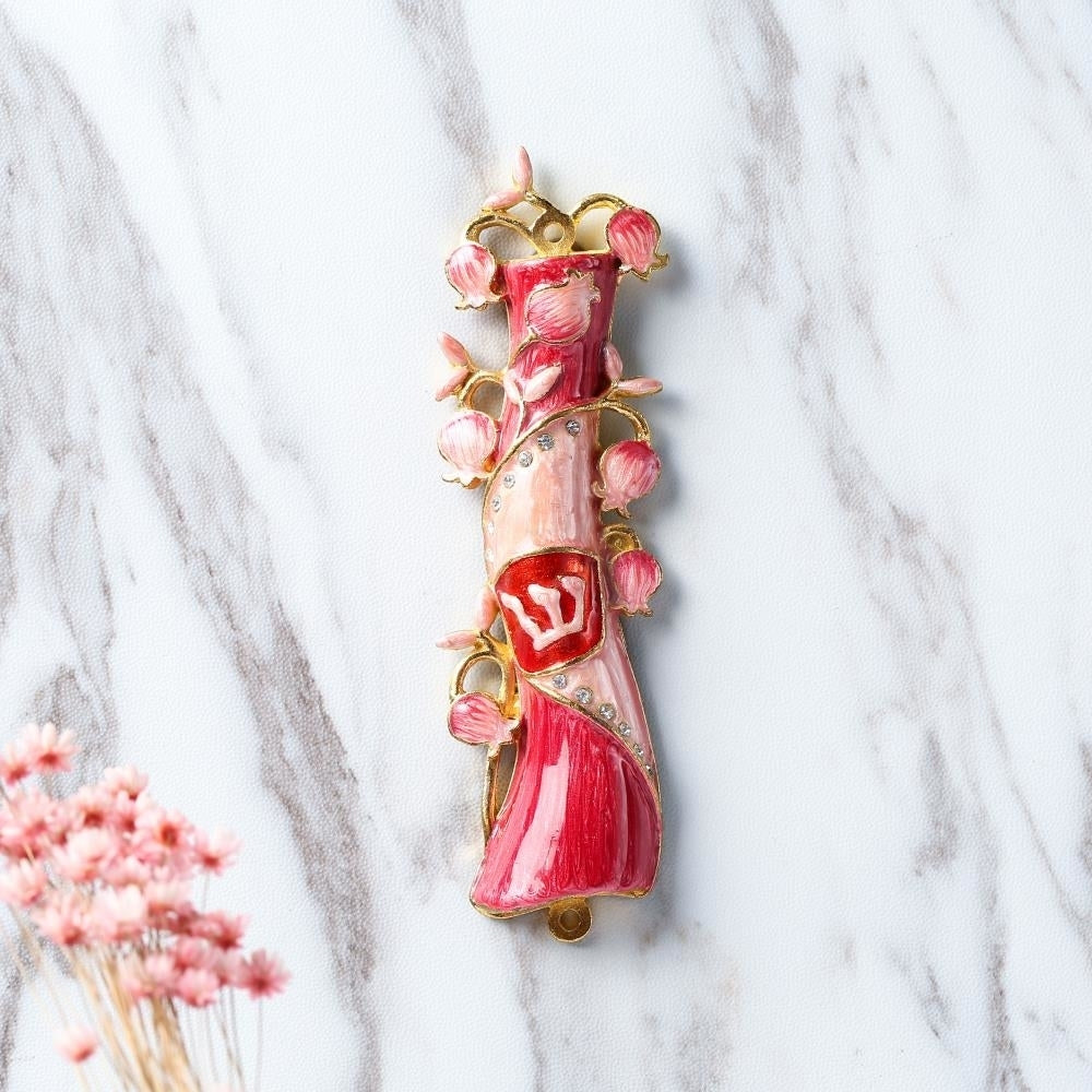 Hand Painted Red and Pink Enamel Mezuzah Embellished with a Pomegranate Floral Design with Gold Accents and fine Image 5