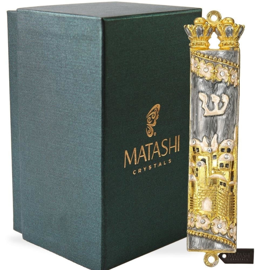 Matashi Hand Painted Grey Enamel Mezuzah with Jerusalem City Design with Gold Accents and fine Crystals Image 1