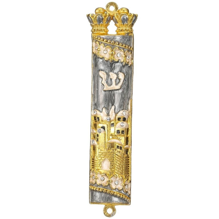 Matashi Hand Painted Grey Enamel Mezuzah with Jerusalem City Design with Gold Accents and fine Crystals Image 2