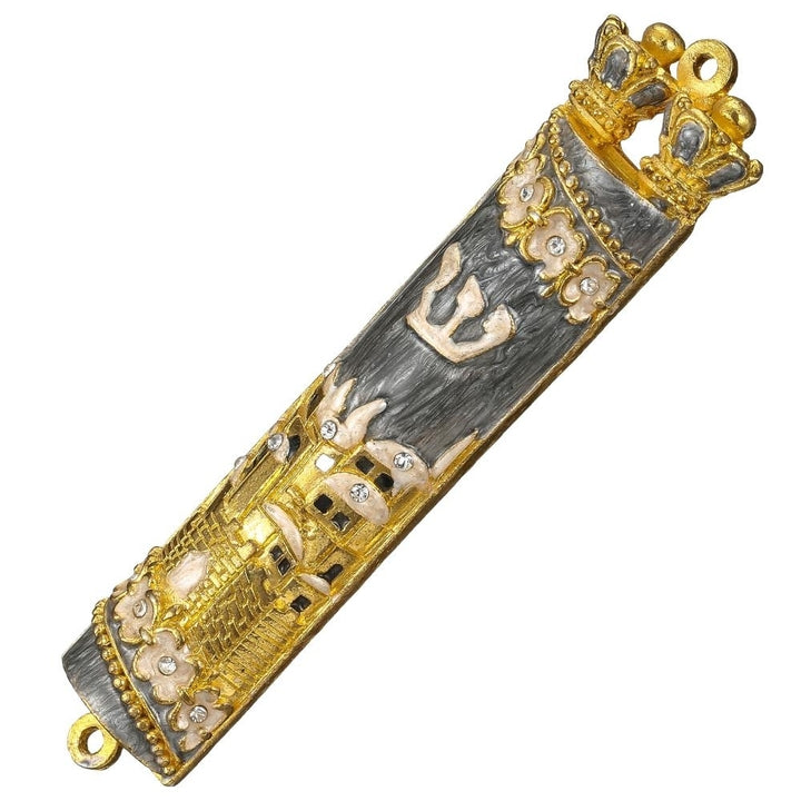 Matashi Hand Painted Grey Enamel Mezuzah with Jerusalem City Design with Gold Accents and fine Crystals Image 3