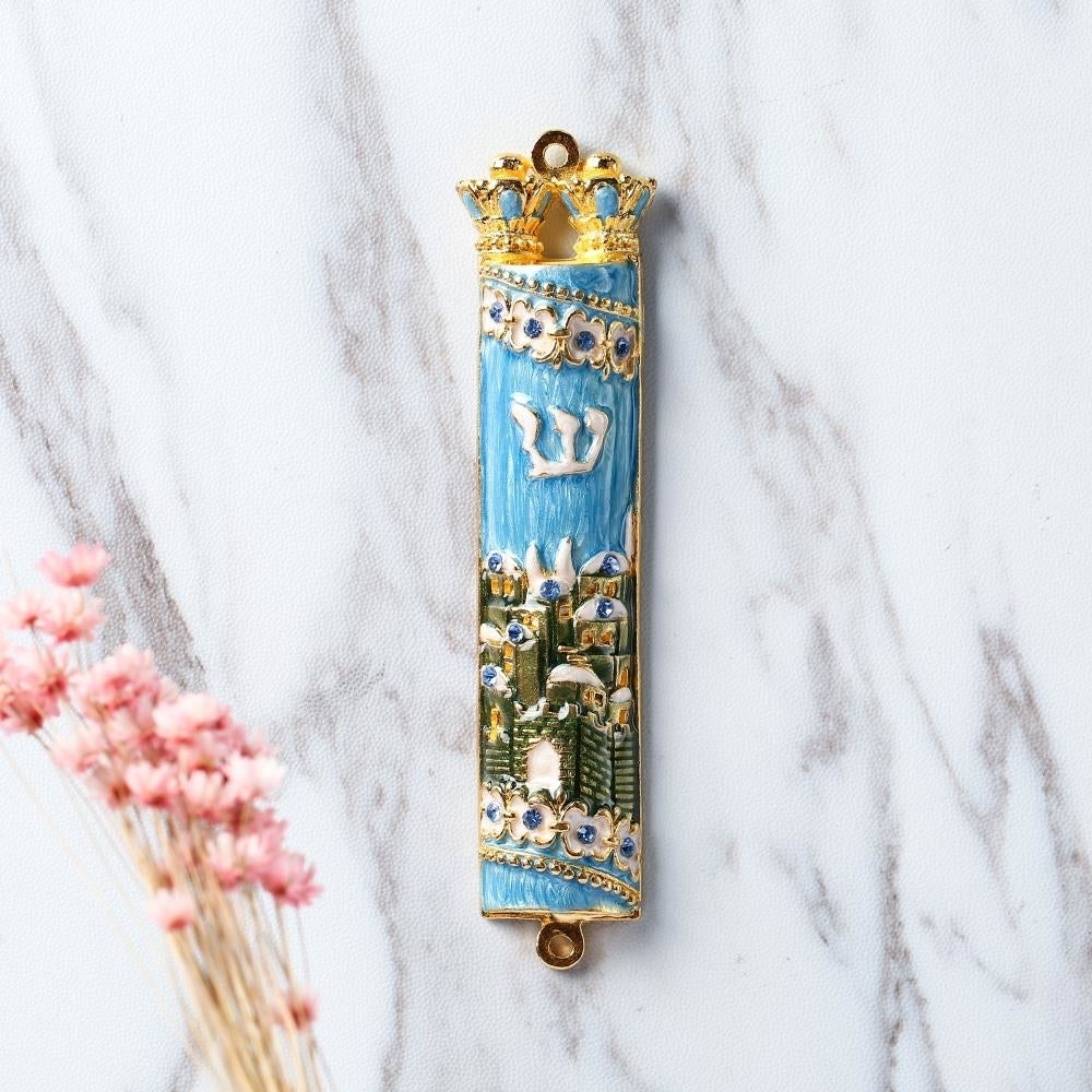 Hand Painted Blue and Green Enamel Mezuzah with Jerusalem City Design with Gold Accents and fine Crystals by Matashi Image 5