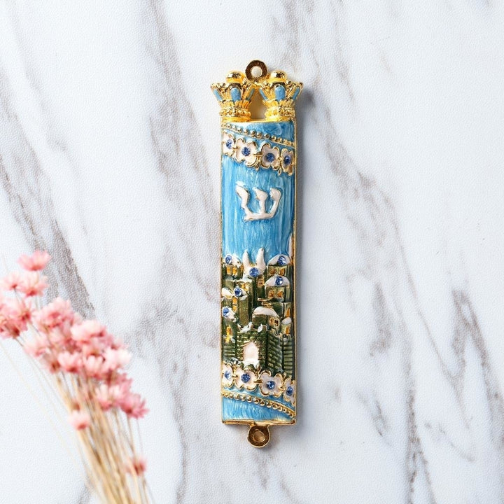 Hand Painted Blue and Green Enamel Mezuzah with Jerusalem City Design with Gold Accents and fine Crystals by Matashi Image 5