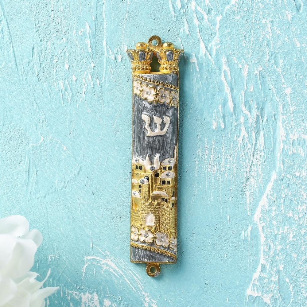 Matashi Hand Painted Grey Enamel Mezuzah with Jerusalem City Design with Gold Accents and fine Crystals Image 4