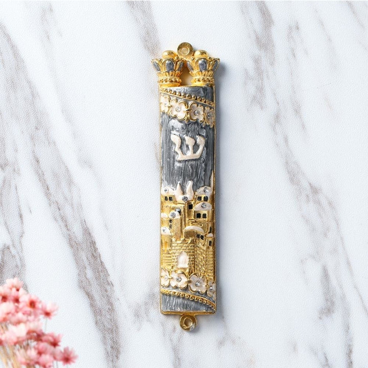 Matashi Hand Painted Grey Enamel Mezuzah with Jerusalem City Design with Gold Accents and fine Crystals Image 5