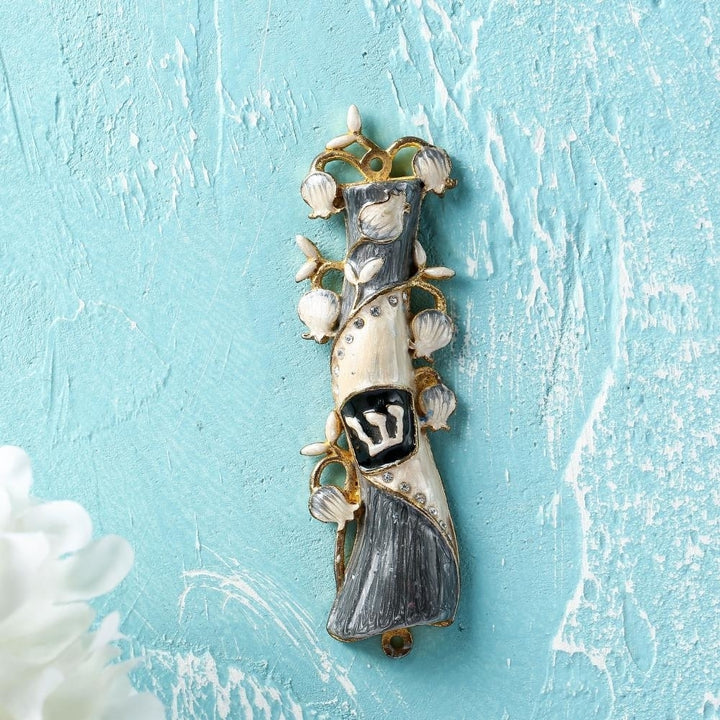 Hand Painted Grey and White Enamel Mezuzah Embellished with a Pomegranate Floral Design with Gold Accents and fine Image 4