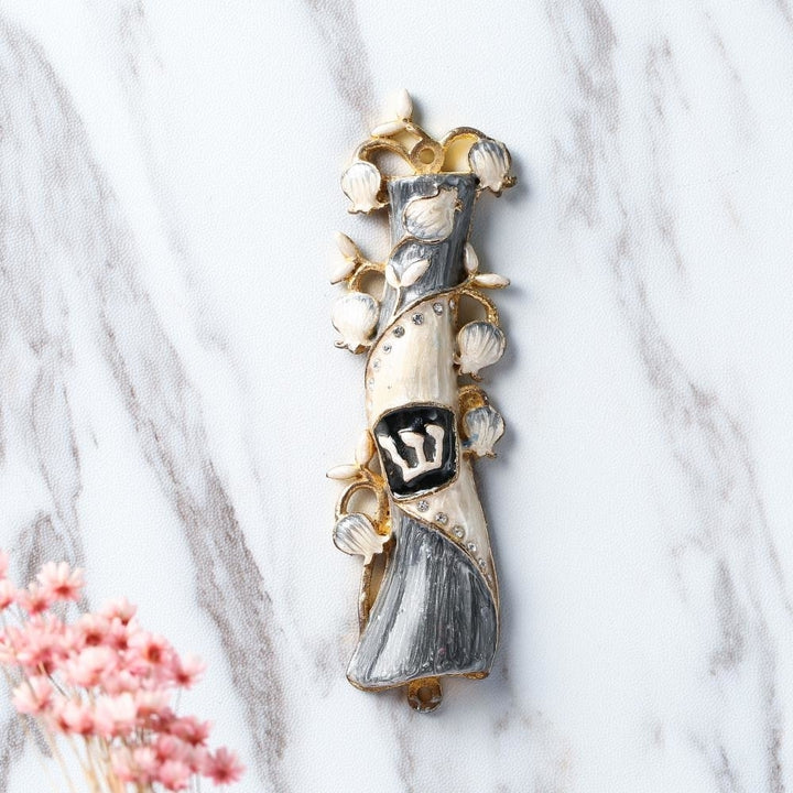 Hand Painted Grey and White Enamel Mezuzah Embellished with a Pomegranate Floral Design with Gold Accents and fine Image 5