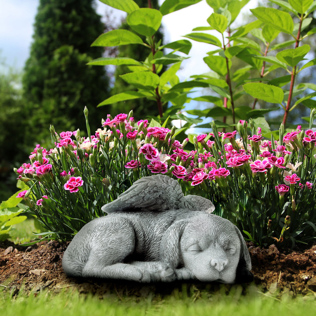 Pet Dog Memorial Sleeping Puppy Statue Angel Wings Grave Marker Keepsake Image 1