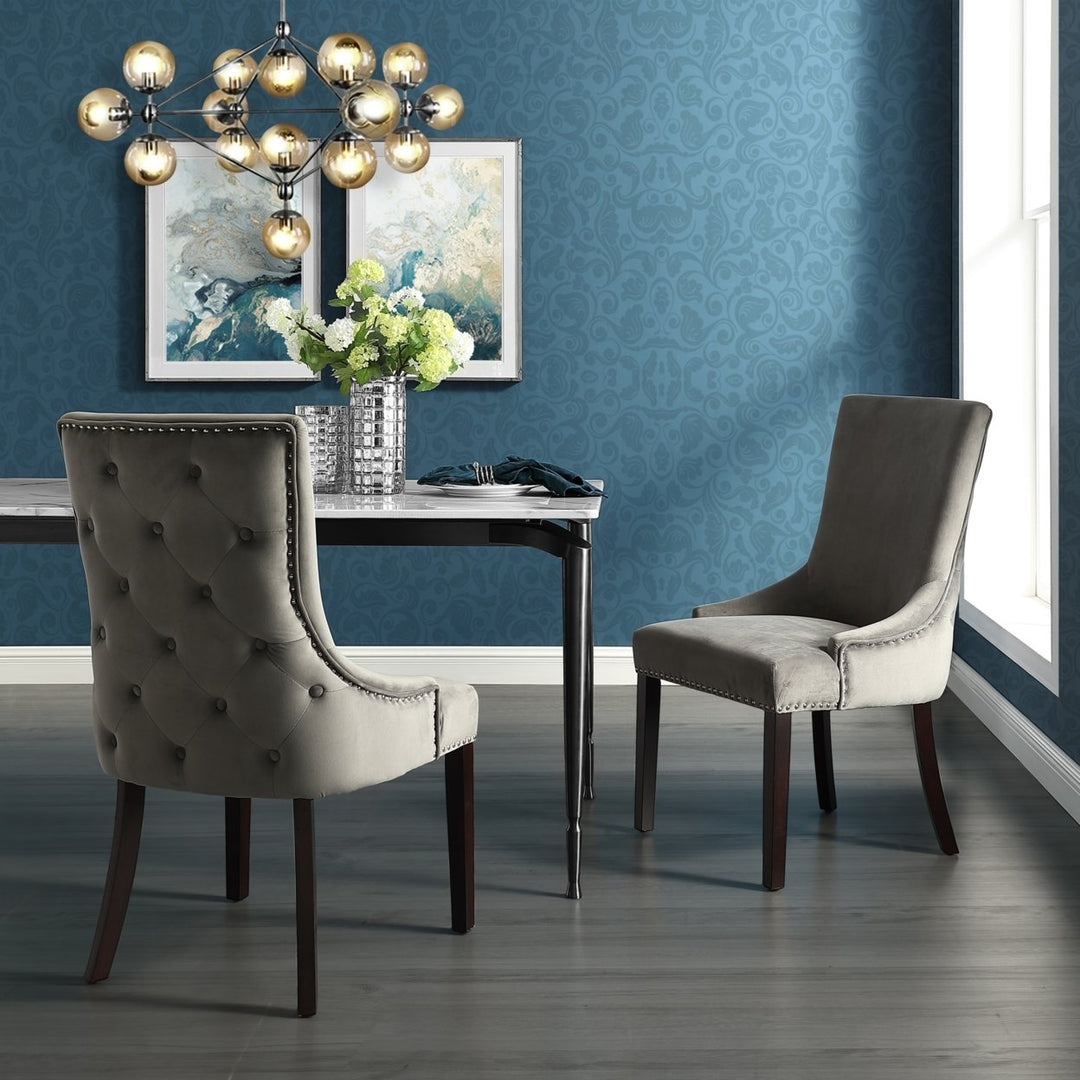 Ruben Velvet Linen PU Dining Chairs Set of 2 Tufted Nailhead Trim Inspired Home Image 1