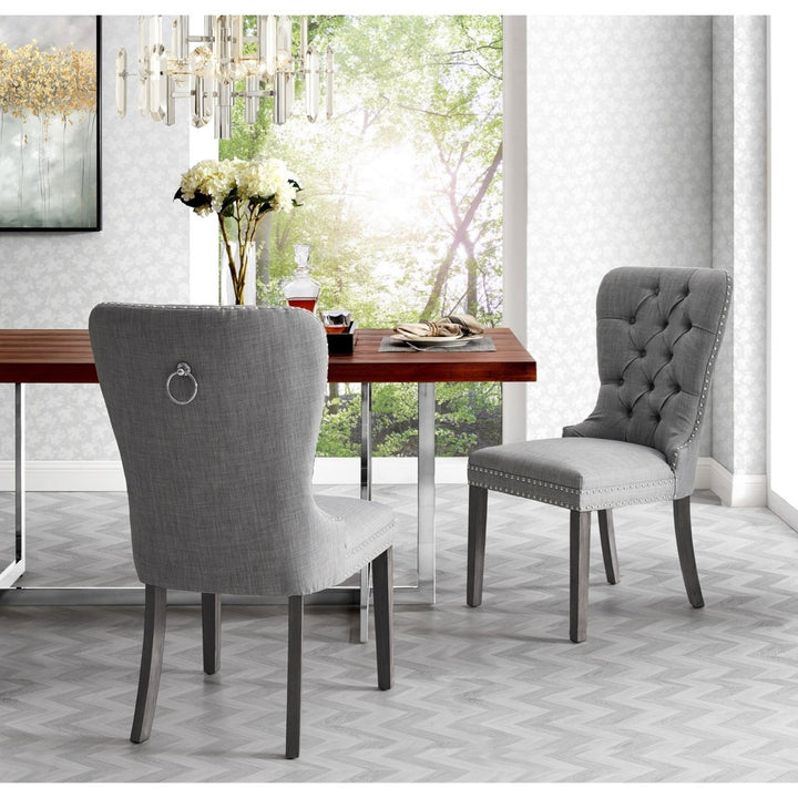 Inspired Home Velvet Linen Dining Chair Set of 2 Tufted Nailhead Trim Gray Image 4