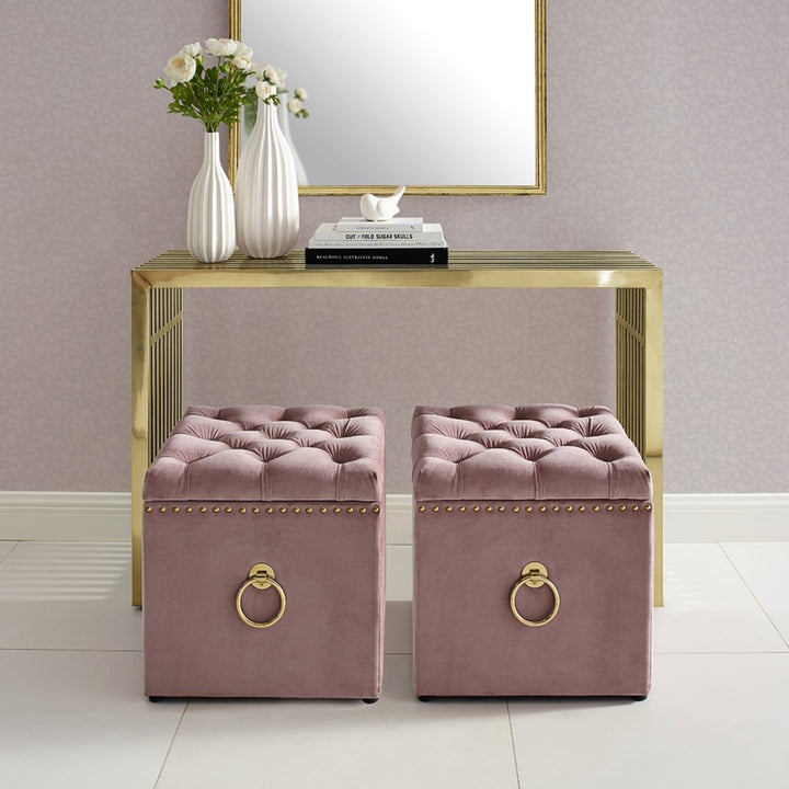 Inspired Home Storage Ottoman Velvet Linen Cube Footstool 18x18 Pink Grey Image 1