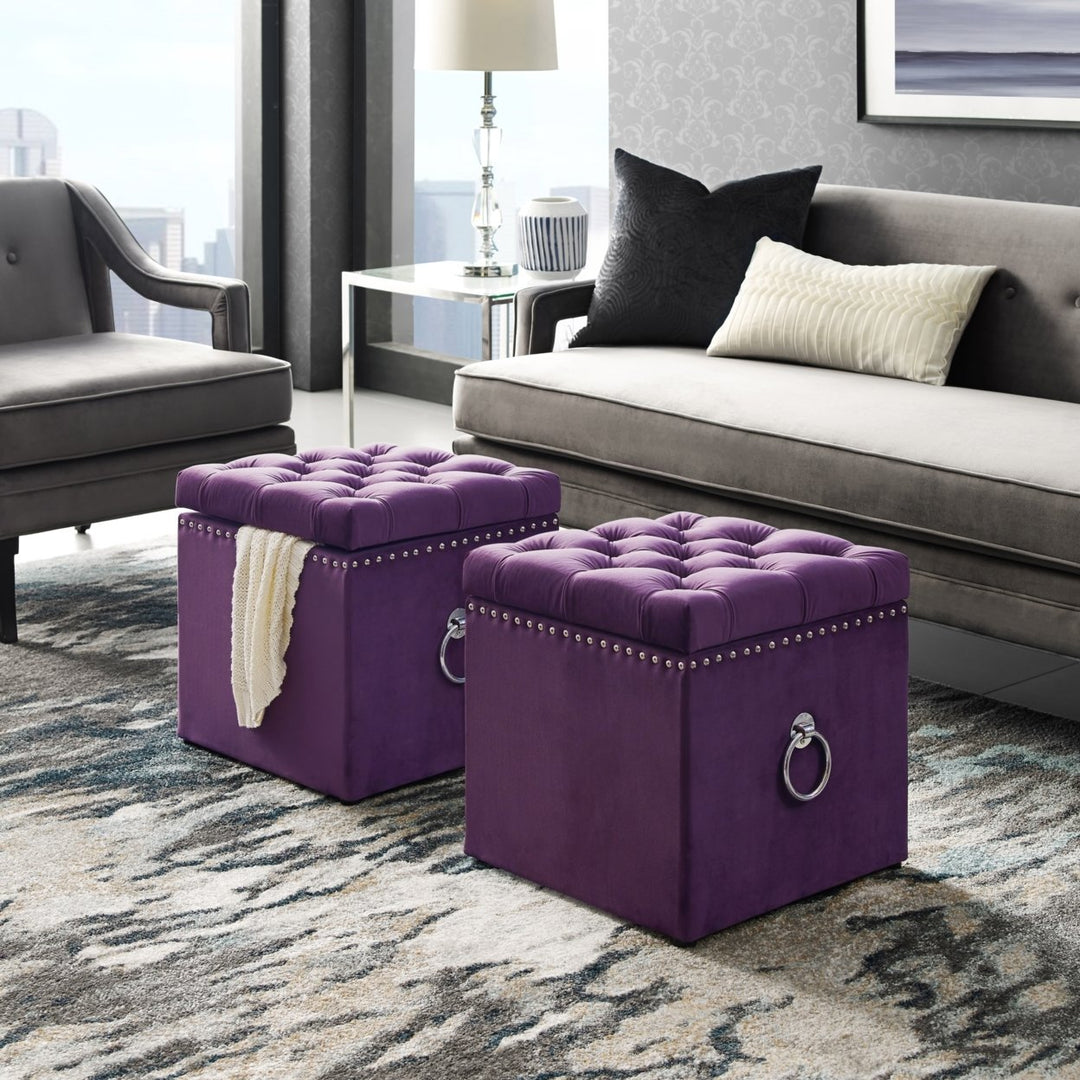 Inspired Home Storage Ottoman Velvet Linen Cube Footstool 18x18 Pink Grey Image 5