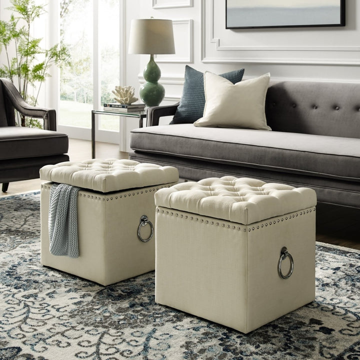 Inspired Home Storage Ottoman Velvet Linen Cube Footstool 18x18 Pink Grey Image 6