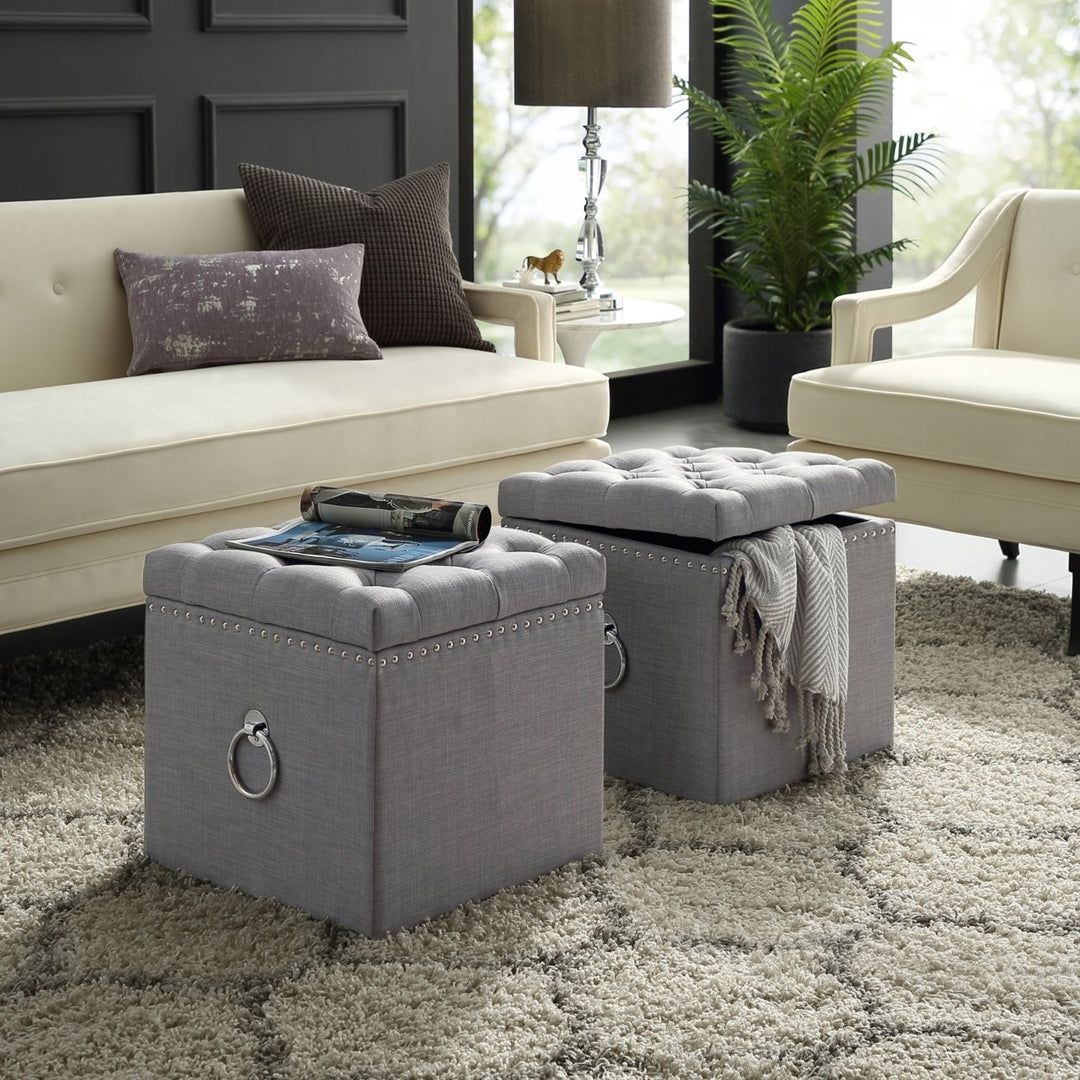 Inspired Home Storage Ottoman Velvet Linen Cube Footstool 18x18 Pink Grey Image 7