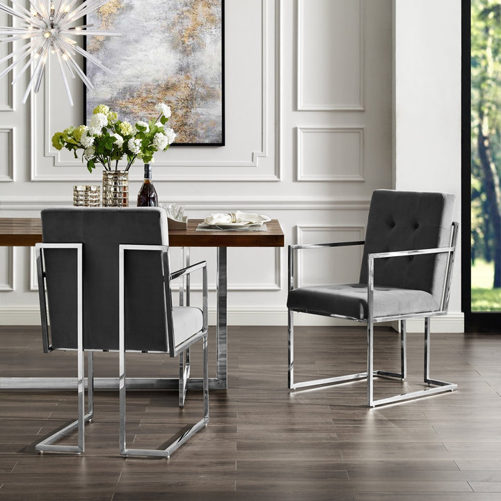 Cecille PU Leather Dining Chair Set of 2 Gray Chrome Frame Square Arm Tufted Image 1