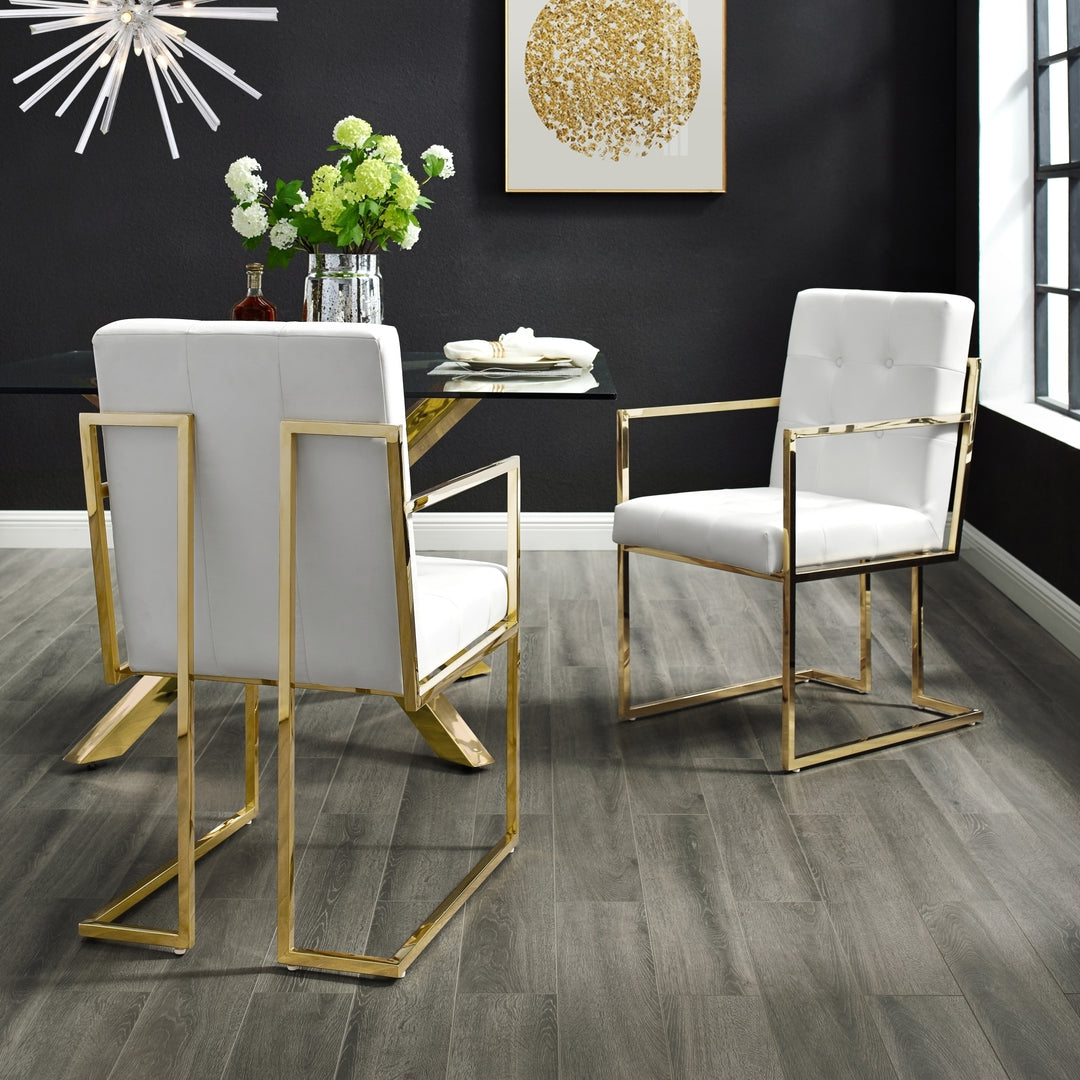 Cecille PU Leather or Velvet Dining Chair-Set of 2-Chrome-Gold Frame-Square Arm-Button Tufted-Modern and Functional by Image 3