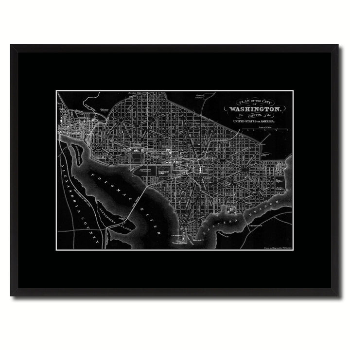 Washington DC Vintage Monochrome Map Canvas Print with Gifts Picture Frame  Wall Art Image 1