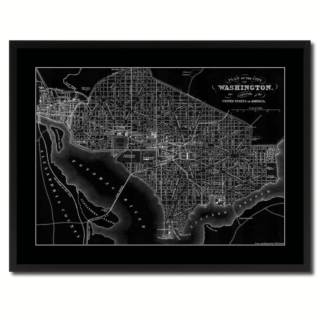 Washington DC Vintage Monochrome Map Canvas Print with Gifts Picture Frame  Wall Art Image 3