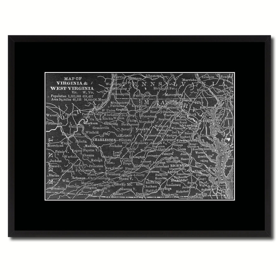 Virginia West Virginia Vintage Monochrome Map Canvas Print with Gifts Picture Frame  Wall Art Image 1