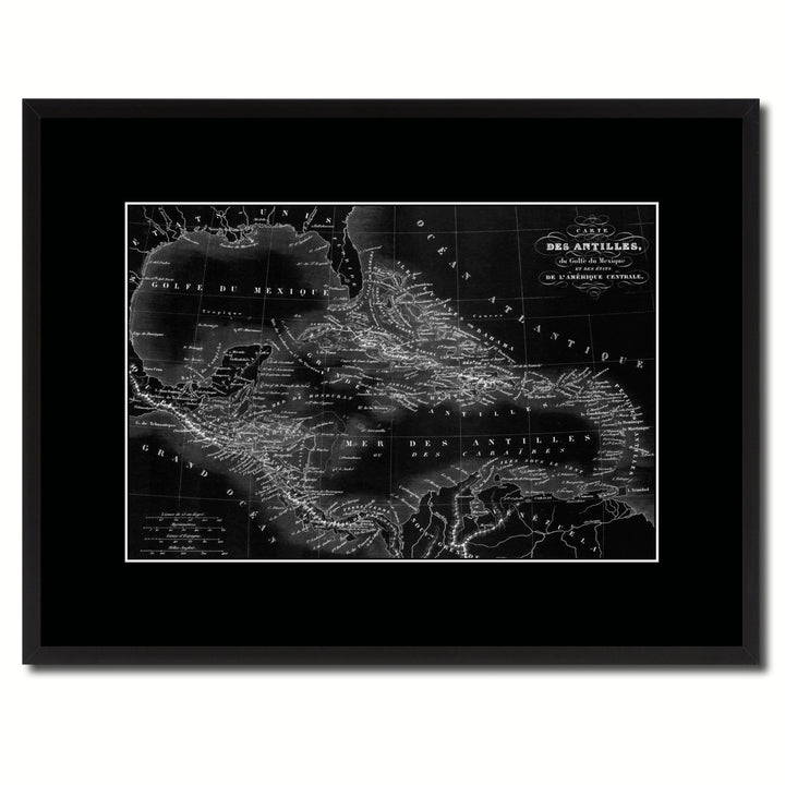 West Indies Caribbean Vintage Monochrome Map Canvas Print with Gifts Picture Frame  Wall Art Image 1
