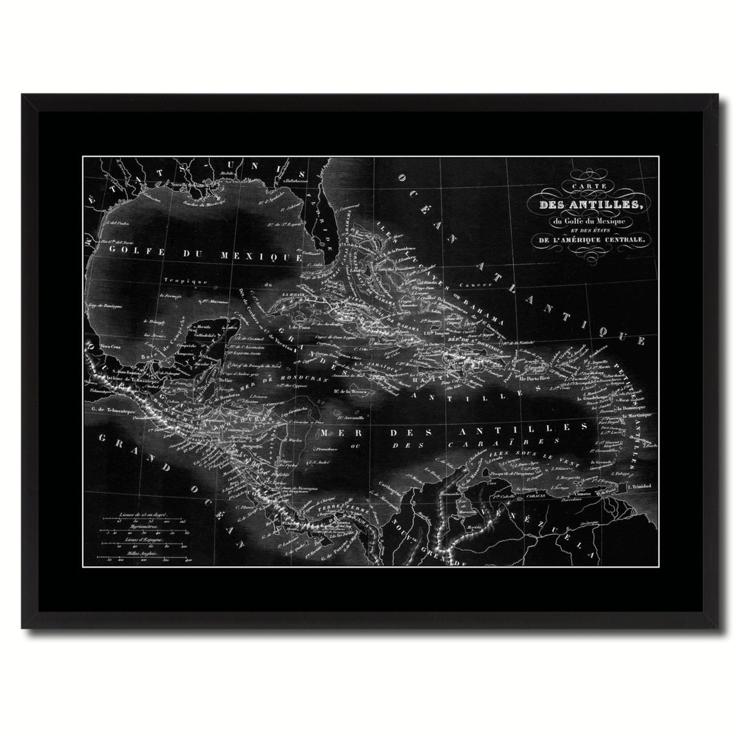 West Indies Caribbean Vintage Monochrome Map Canvas Print with Gifts Picture Frame  Wall Art Image 3