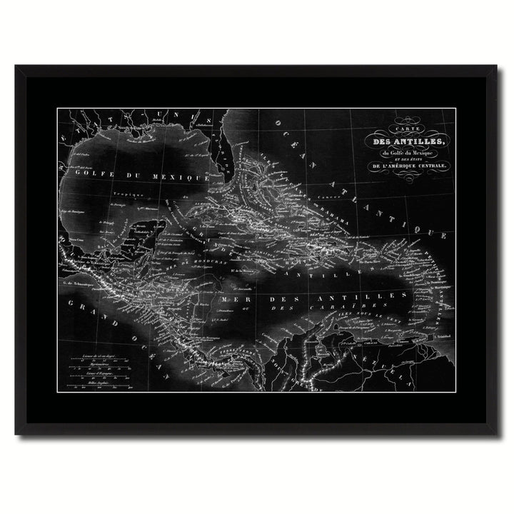 West Indies Caribbean Vintage Monochrome Map Canvas Print with Gifts Picture Frame  Wall Art Image 3