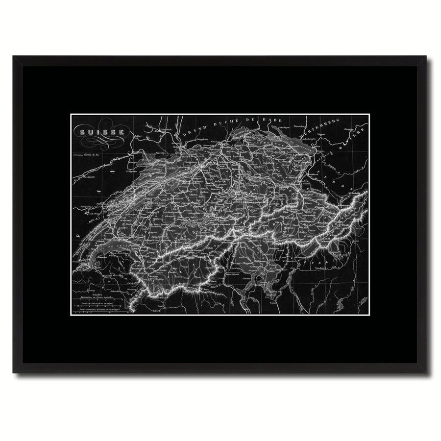 Switzerland Vintage Monochrome Map Canvas Print with Gifts Picture Frame  Wall Art Image 1