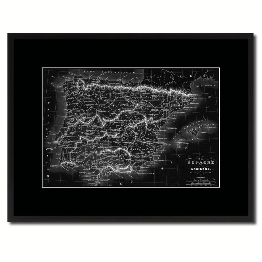 Spain Portugal Vintage Monochrome Map Canvas Print with Gifts Picture Frame  Wall Art Image 1