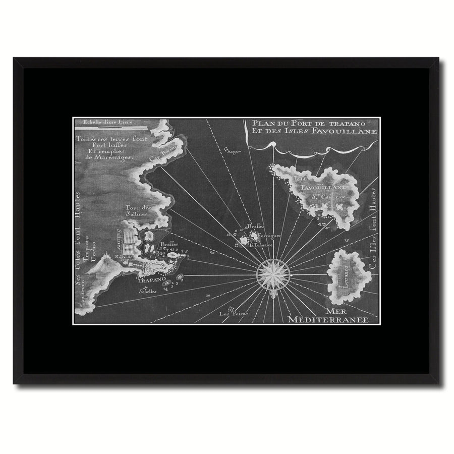 Sicily West Aegadian Islands Vintage Monochrome Map Canvas Print with Gifts Picture Frame  Wall Art Image 1