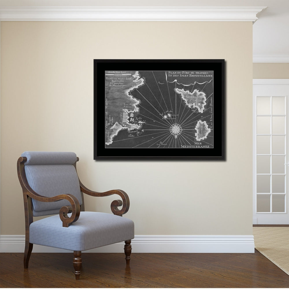 Sicily West Aegadian Islands Vintage Monochrome Map Canvas Print with Gifts Picture Frame  Wall Art Image 2