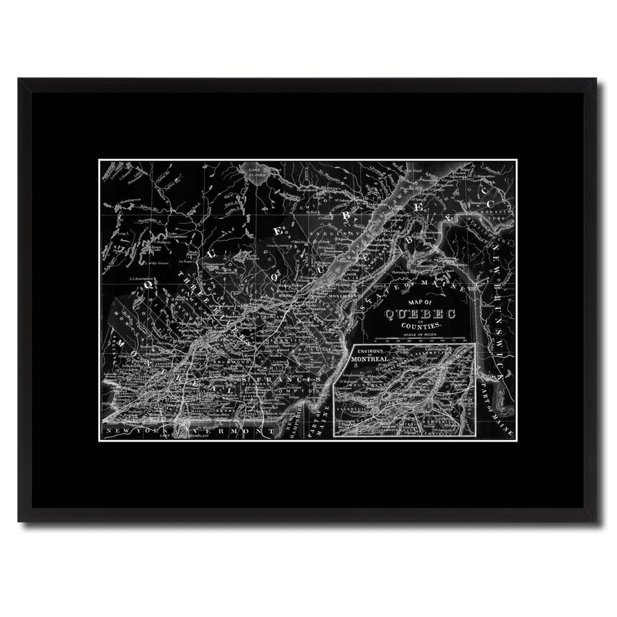 Quebec Montreal Vintage Monochrome Map Canvas Print with Gifts Picture Frame  Wall Art Image 1